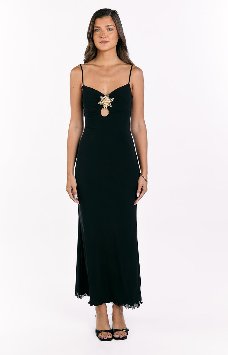 Selina Black Hibiscus Trim Maxi Dress Image