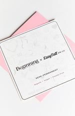 White sheet of semi-permanent tattoos featuring various line art designs and 'Semi-Permanent Organic Vegan Cruelty-Free' text