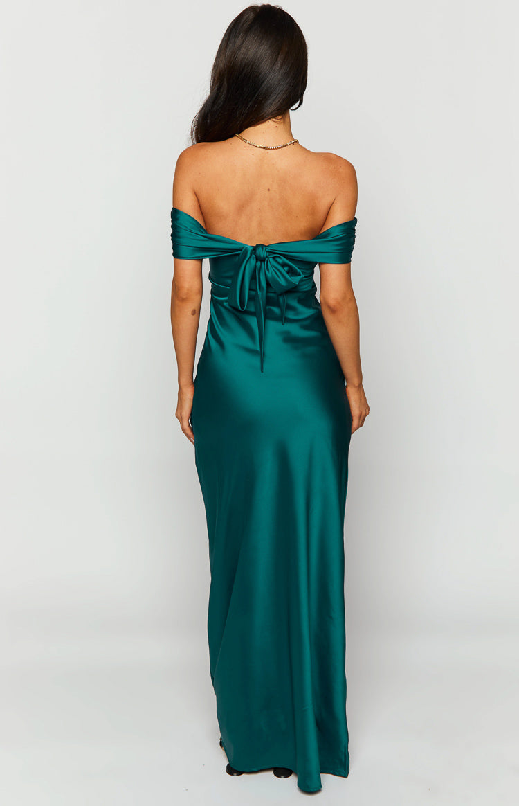Back view of the teal satin off-the-shoulder maxi dress with a tie-back detail