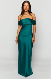 Teal satin off-the-shoulder maxi dress with a wide folded neckline and a smooth flowing skirt
