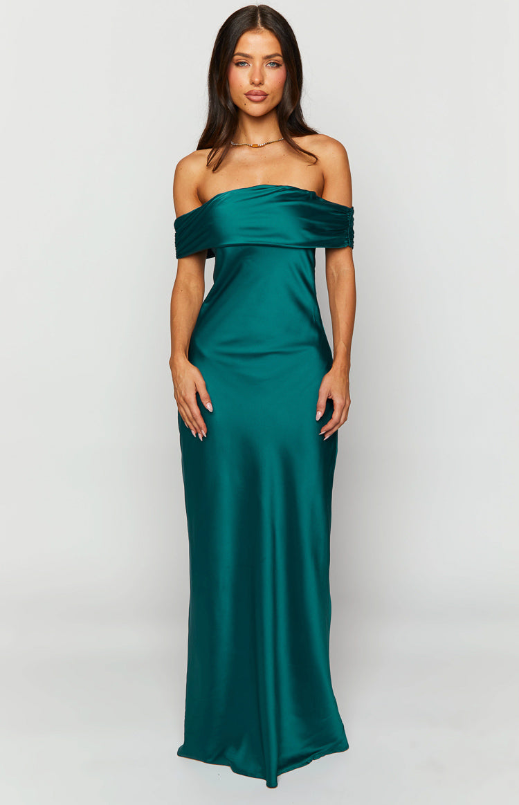 Teal satin off-the-shoulder maxi dress with a draped neckline and a flowing skirt