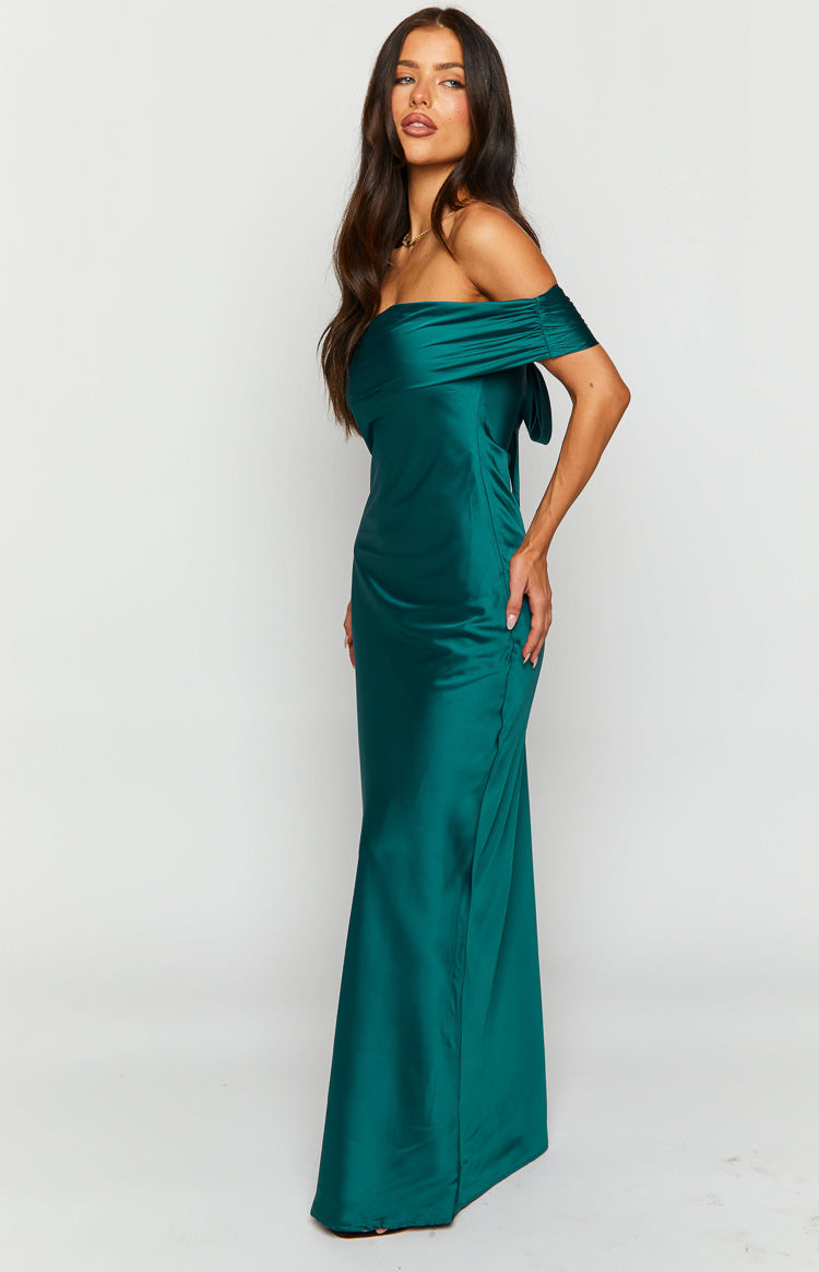Side view of a teal satin off-the-shoulder maxi dress with ruched sleeves and side draping