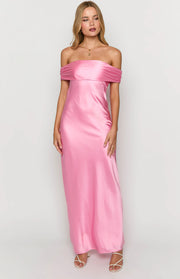 Front view of a pink satin off-the-shoulder maxi dress with ruched detailing