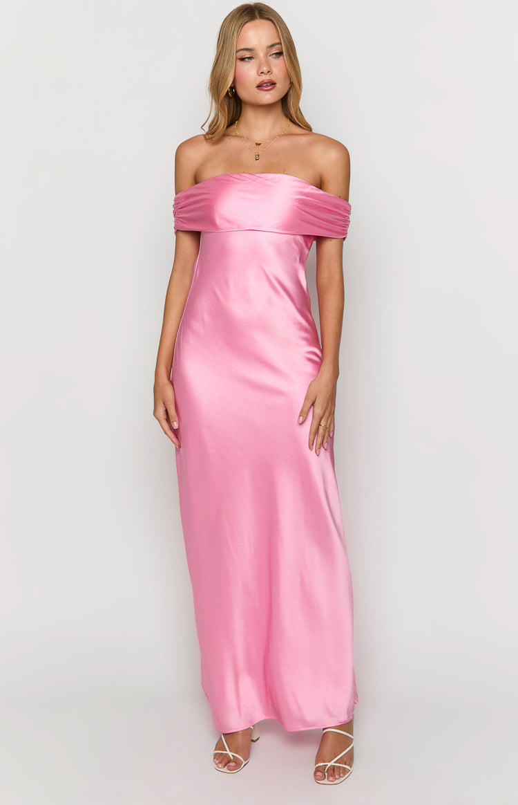 Front view of a pink satin off-the-shoulder maxi dress with ruched detailing
