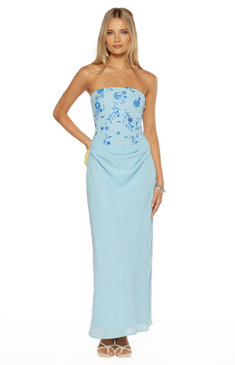 Serenity blue strapless maxi dress with a beaded floral bodice and draped waist detail