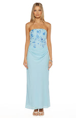 Front view of a serenity blue strapless maxi dress with a beaded floral bodice and ruched waist