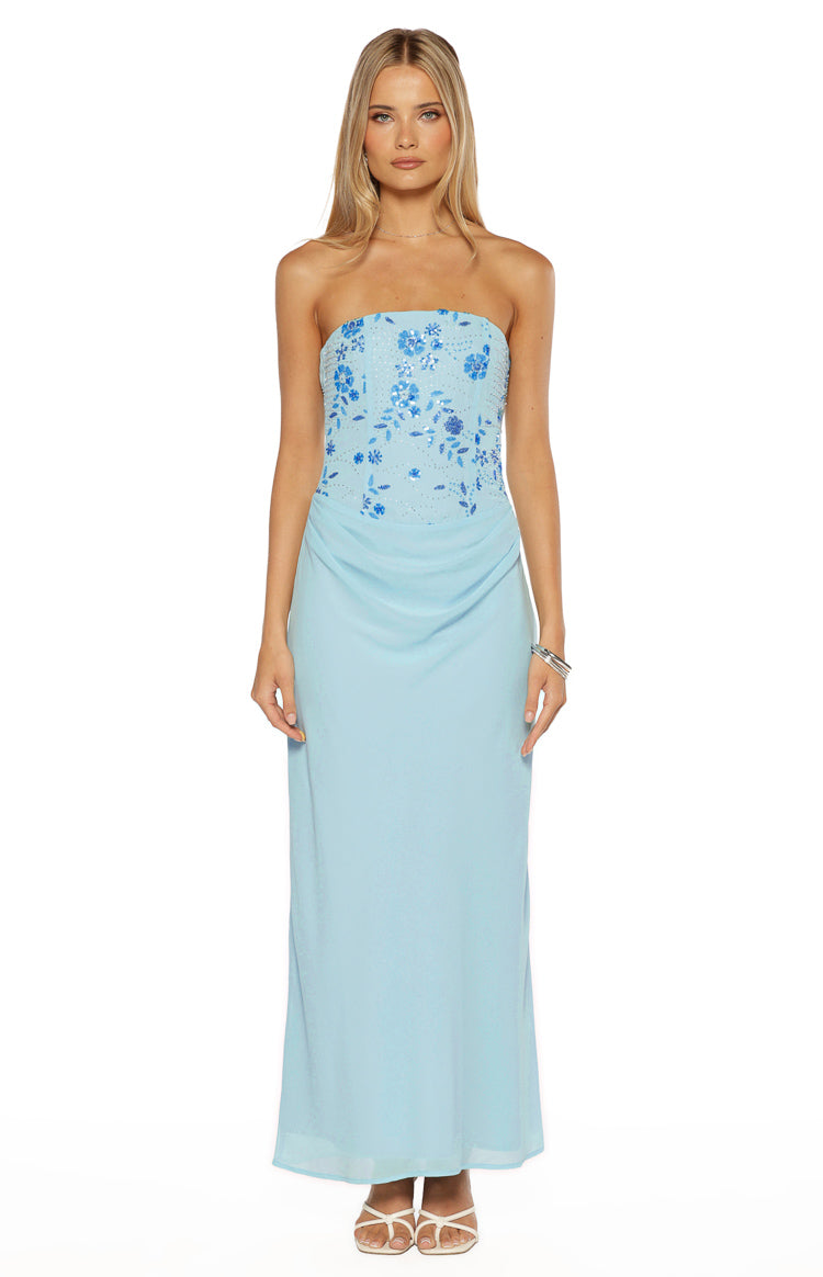 Front view of a serenity blue strapless maxi dress with a beaded floral bodice and ruched waist