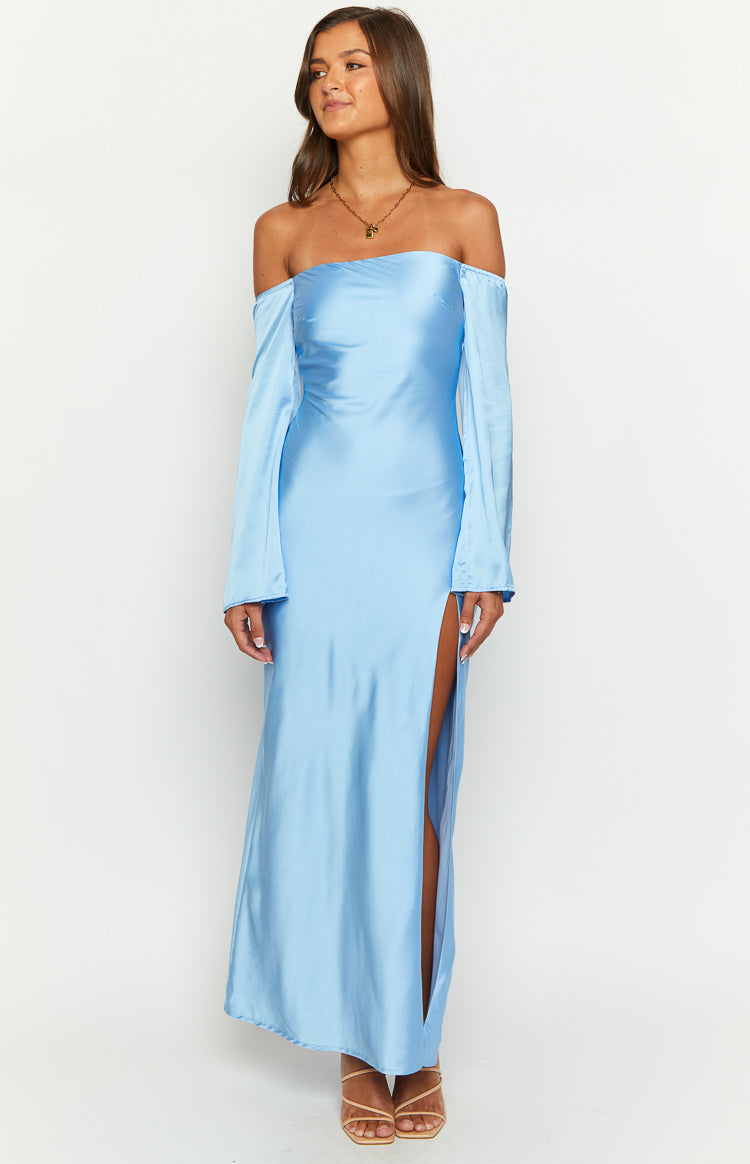 Beginning Boutique Shae Blue Satin Long Sleeve Maxi Dress off-shoulder neckline and a high side slit