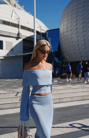 Simona Blue Long Sleeve Off Shoulder Knit Top