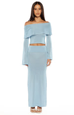 Blue shimmering knit maxi skirt with a fitted silhouette and wide waistband