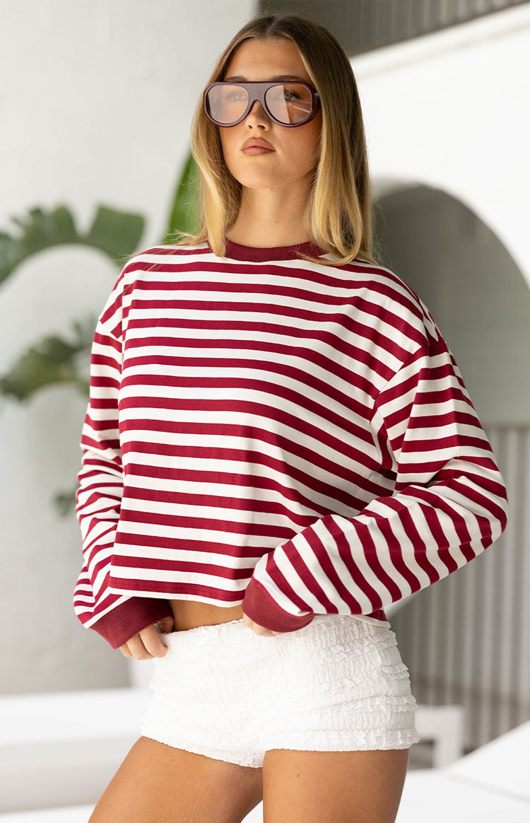 So Breezy Burgundy Stripe Long Sleeve Top Image