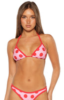 Beginning Boutique Sofie Pink and Red Polka Dot Contrast Bind Triangle Bikini Top pink with red polka dots and red contrast b