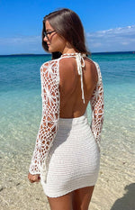 Spina White Crochet Long Sleeve Mini Dress Image