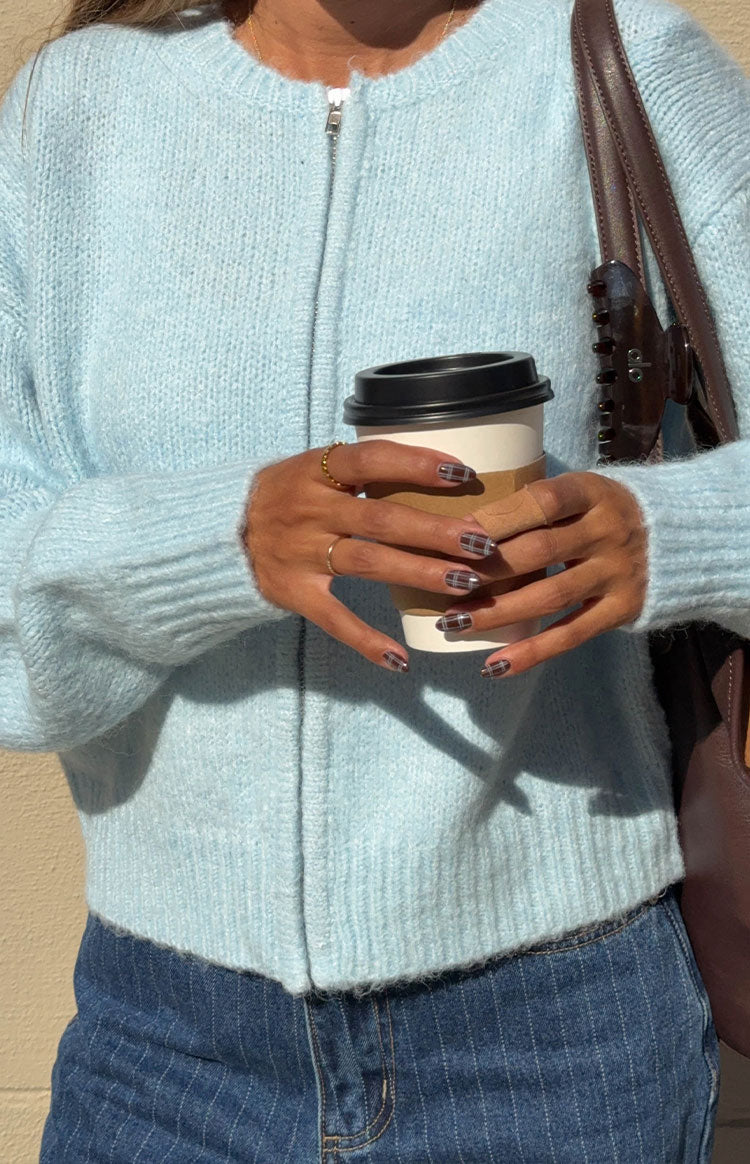 Beginning Boutique Stacey Light Blue Zip Knit Cardigan light blue soft knit full zip cardigan with a crew neck and long sleeves