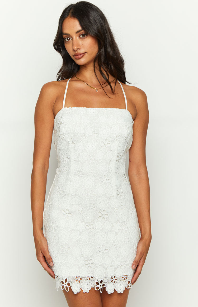 Beginning Boutique Starlette White Lace Mini Dress white floral lace square neck mini dress with thin spaghetti straps and scalloped hem