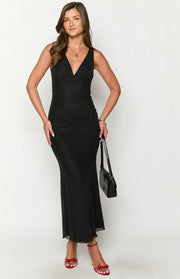 Black mesh maxi dress with a deep V-neck, ruched bodice, fitted silhouette, and lettuce hem