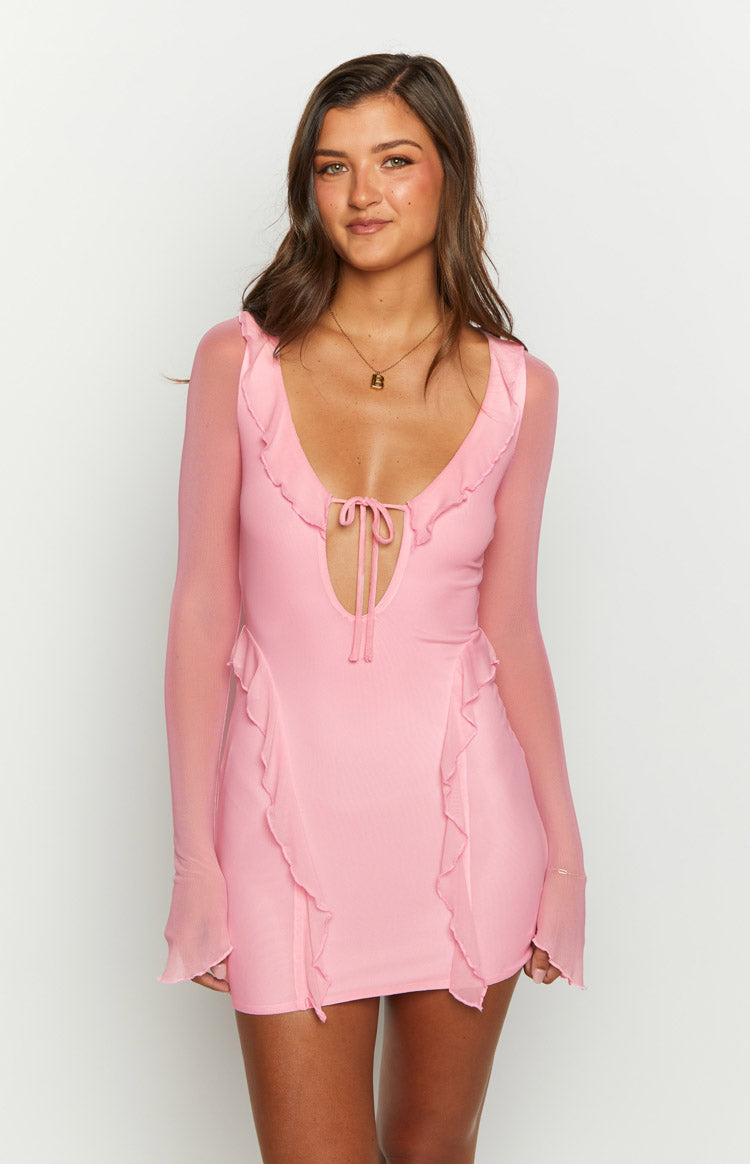 Beginning Boutique Surround Sound Pink Mesh Long Sleeve Mini Dress pink mesh long sleeve mini dress with V-neck tie and ruffled trim