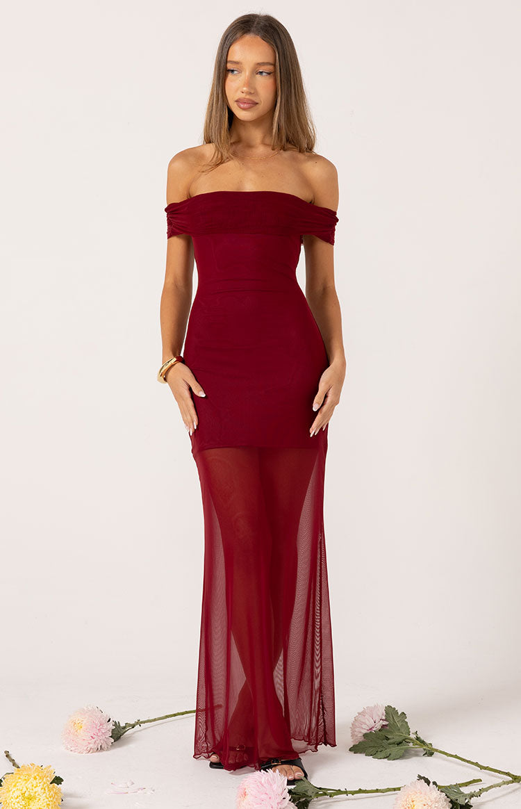 Wine off-shoulder mesh maxi dress with a bodycon bodice and sheer flowing skirt