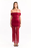 Beginning Boutique Tabitha Wine Off Shoulder Mesh Maxi Dress wine off-shoulder mesh maxi dress with bodycon bodice and sheer skirt