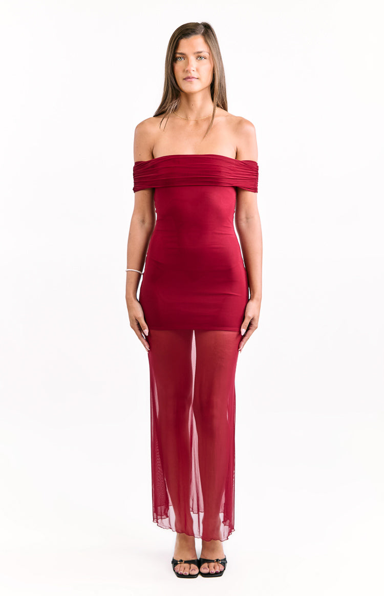 Front view of a wine off-shoulder maxi dress with a ruched bodice and sheer mesh skirt