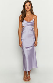 Front view of a lilac satin maxi dress with a draped cowl neck, thin straps, and side waist cutouts