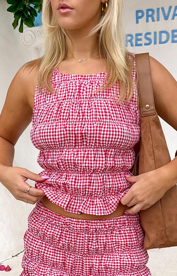Beginning Boutique Tango Red Top red and white gingham shirred square neck sleeveless crop top with ruffled hem