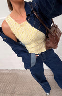 Beginning Boutique Tango Yellow Top yellow gingham check shirred square neck sleeveless top with ruffled hem