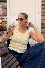 Beginning Boutique Tango Yellow Top yellow gingham check shirred square neck sleeveless top with ruffled hem