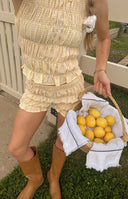 Beginning Boutique Tango Yellow Shorts yellow shirred gingham high-waisted shorts with ruffled tiers and frilled hem