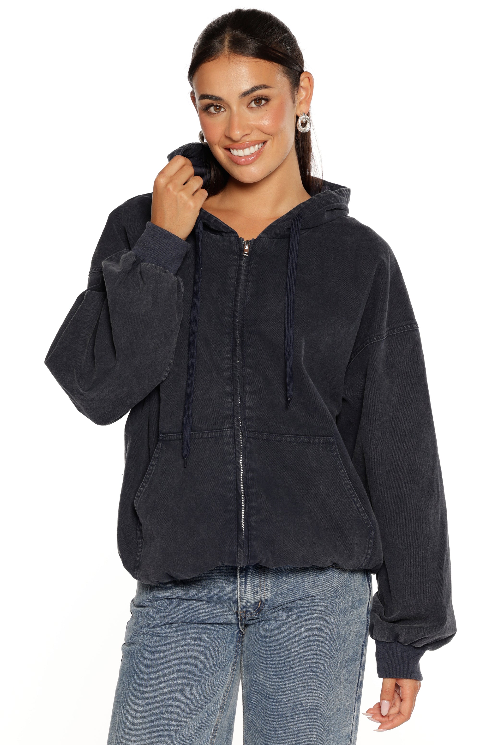 Tate Washed Navy Oversized Hooded Jacket Image