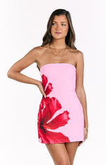 Temmie Pink Hibiscus Print Strapless Mini Dress Image