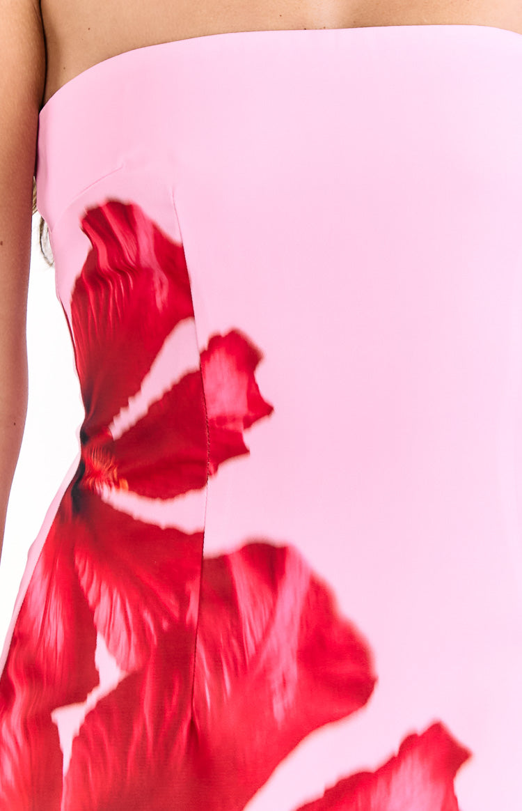 Temmie Pink Hibiscus Print Strapless Mini Dress Image