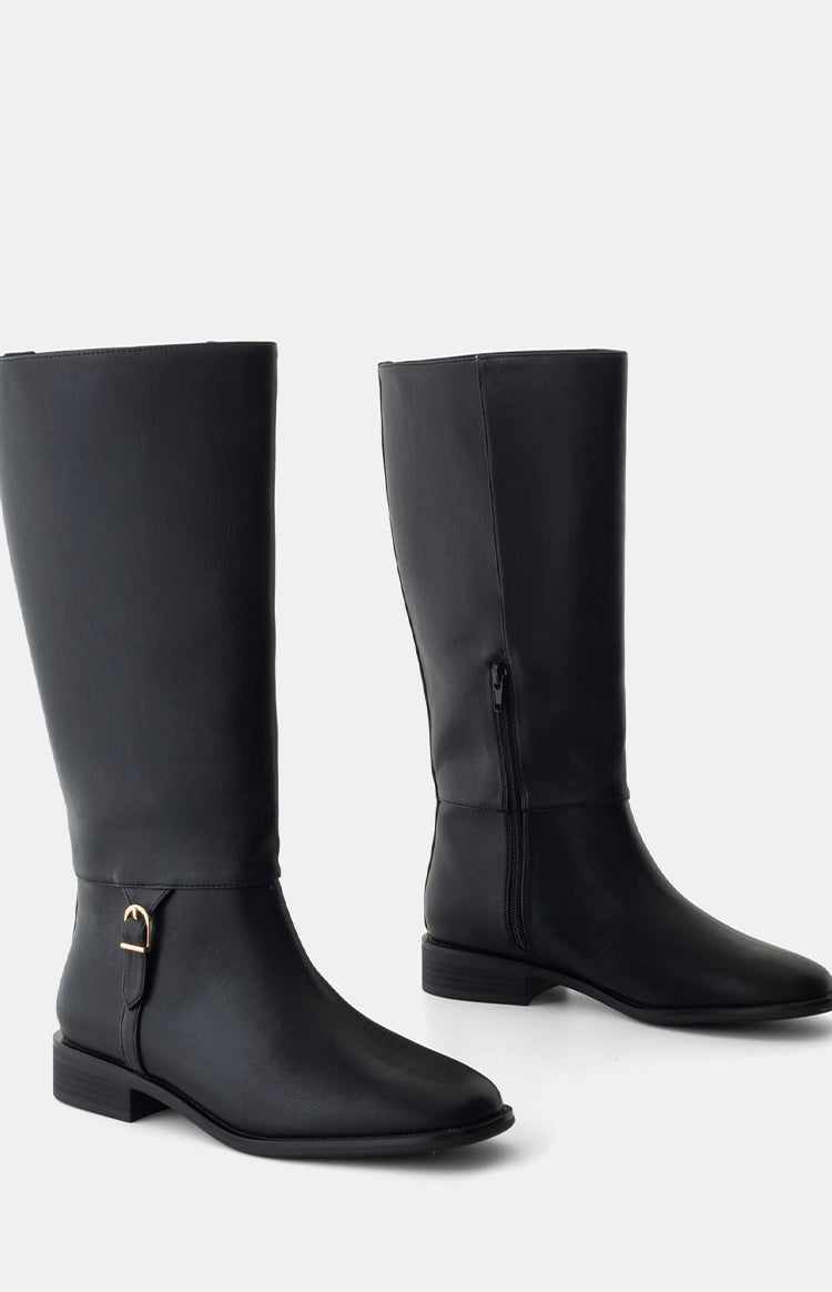 Beginning Boutique Therapy Arcade Black PU Riding Boots black knee-high riding boots with flat heel, gold buckle detail, and side zipper