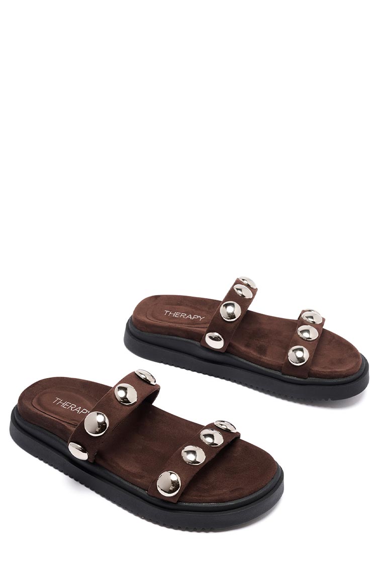Therapy Persona Chocolate Suede Platform Silver Stud Sandals Image