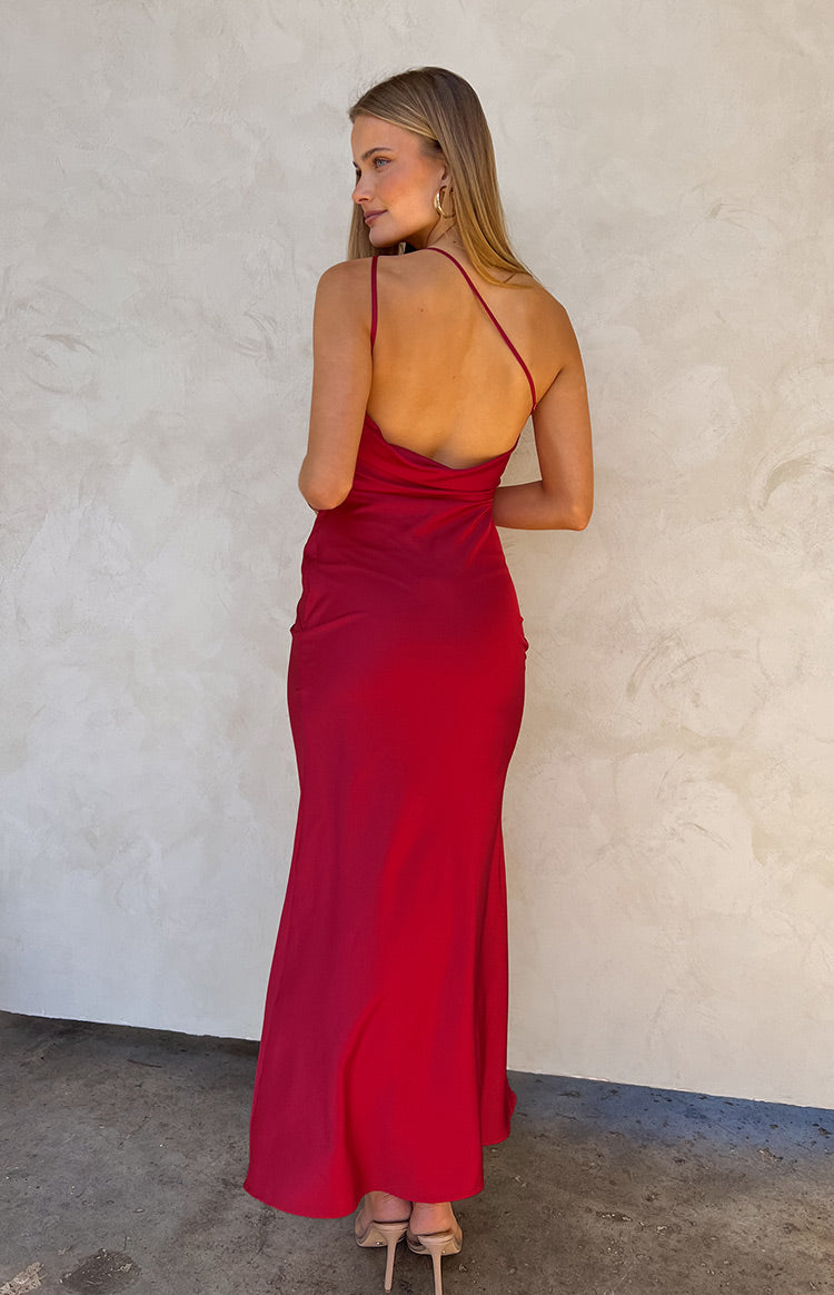 Rear view of a red formal maxi dress with a low cowl back and thin criss-cross spaghetti straps