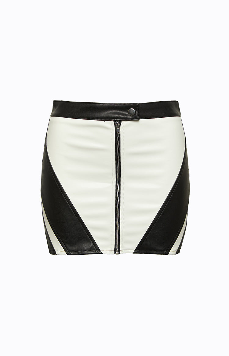 White and black PU mini skirt with a front zipper closure and bold angular contrast panels