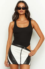 Beginning Boutique Trespass White Contrast PU Low Waist Mini Skirt white and black contrast PU low waist mini skirt with front zipper