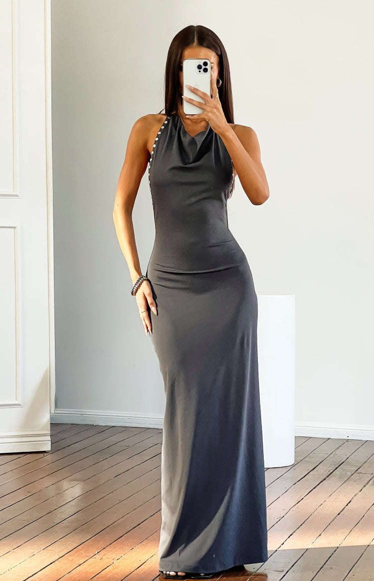 Fitted grey cowl neck maxi dress with silver stud detail on the halter strap