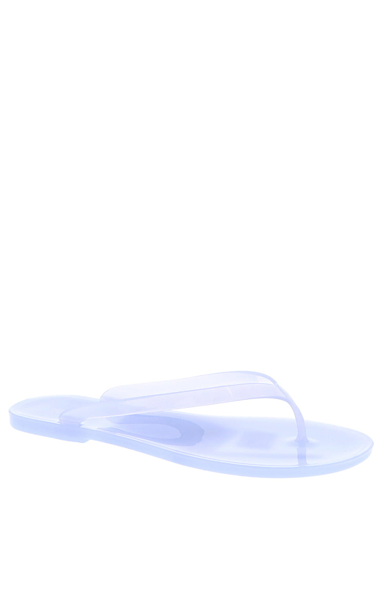 Beginning Boutique Twila Blue Jelly Thongs light blue transparent jelly thongs with a flat sole and wide strap