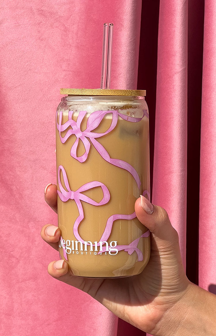 Beginning Boutique Twinkle Pink Bow Glass Tumbler clear glass tumbler with pink bow print, bamboo lid, and glass straw