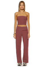 Front view of a burgundy and white striped strapless tube top, cropped at the midriff