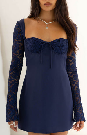 Beginning Boutique Verity Navy Lace Long SLeeve Mini Dress navy mini dress with square neckline lace long sleeves and tie-front bust