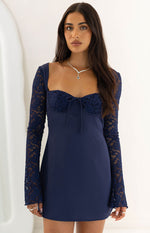 Verity Navy Lace Long Sleeve Mini Dress Image