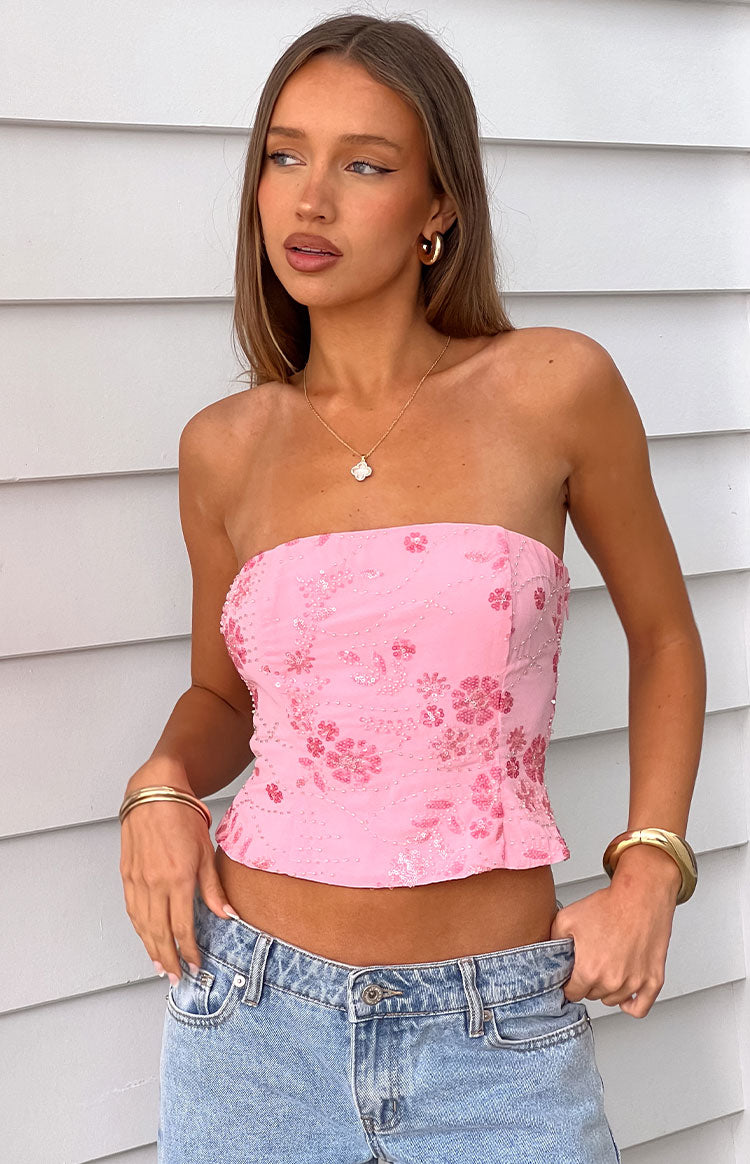 Vila Light Pink Strapless Beaded Top Image