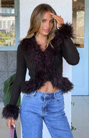 Beginning Boutique Violetta Chocolate Fur Trim Knit Cardigan chocolate ribbed knit cardigan with fur trim V-neck, cuffs, and
