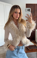 Beginning Boutique Violetta Beige Fur Trim Knit Cardigan beige ribbed knit cardigan with fur trim collar, front, and cuffs