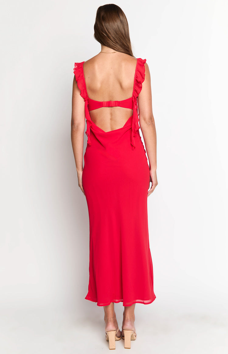 Rear view of a red maxi dress with ruffled shoulder straps and an open back with a bra-like hook closure