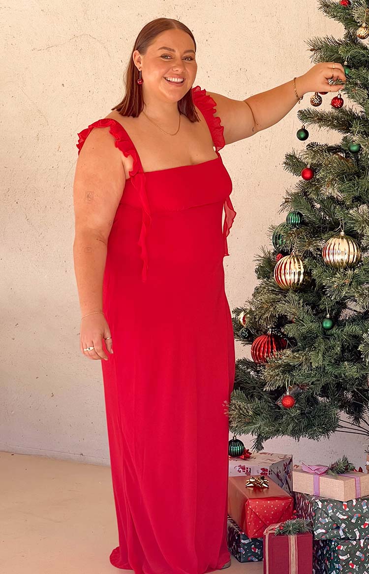 Beginning Boutique Viona Red Maxi Dress red square neck maxi dress with ruffled straps and draped bodice