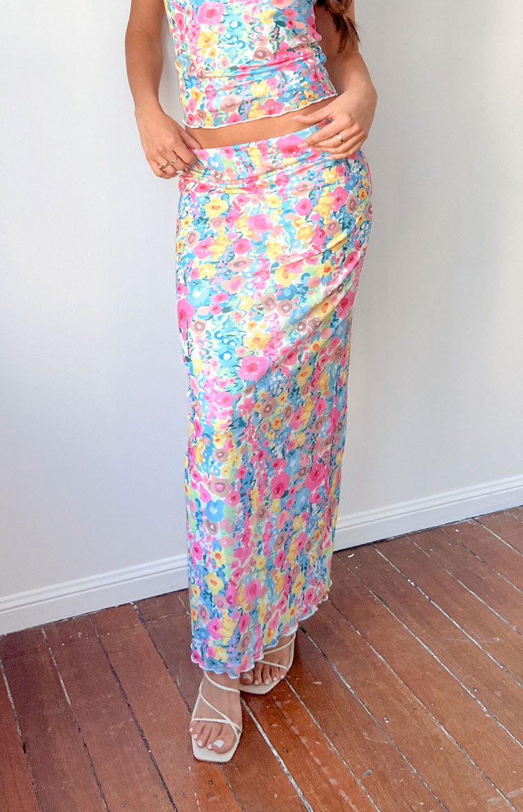 Beginning Boutique When in Rome Multi Floral Maxi Skirt multi floral slim fit maxi skirt with ruched side and lettuce edge hem