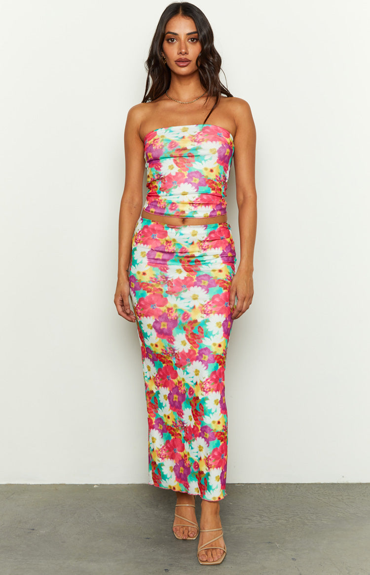 When in Rome Floral Print Mesh Maxi Skirt Image